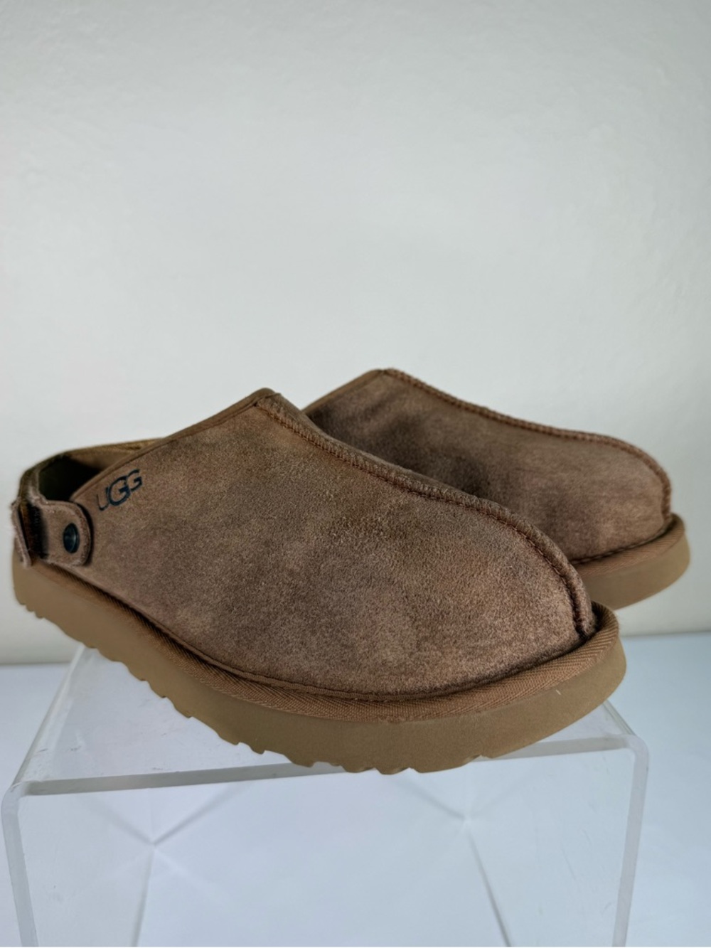 UGG Lanah Chestnut Suede Leather Platform Clogs Mules Fur Lined Slippers Size 9 - Picture 3 of 13